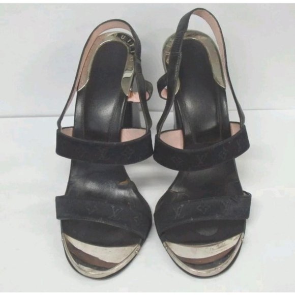 L Vuitton black chrome silver open toe logo pumps - Picture 5 of 7